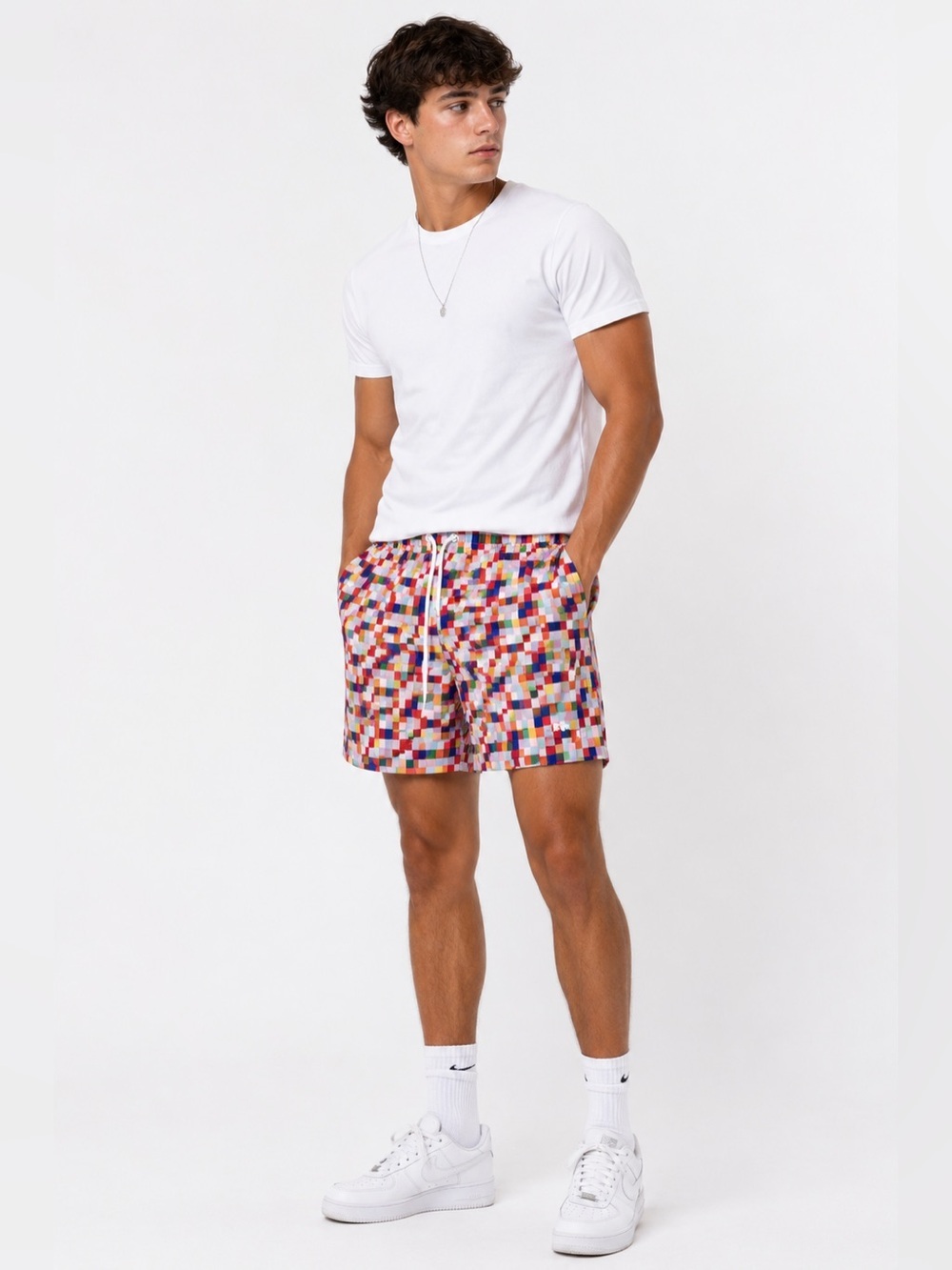 Humankind Pixel Check Swim Trunks Multicolor Drawstring Shorts Size S